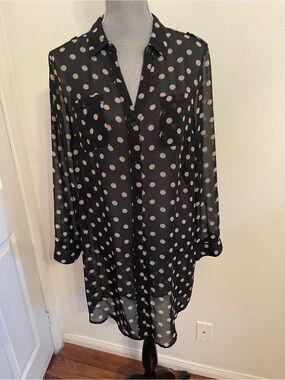 Sheer Black Polka Dot Button-Up Tunic. Size Large